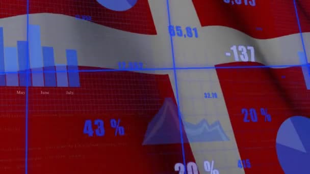 Анимация Обработки Финансовых Данных Над Флагом Денмарка Концепция Глобального Бизнеса — стоковое видео