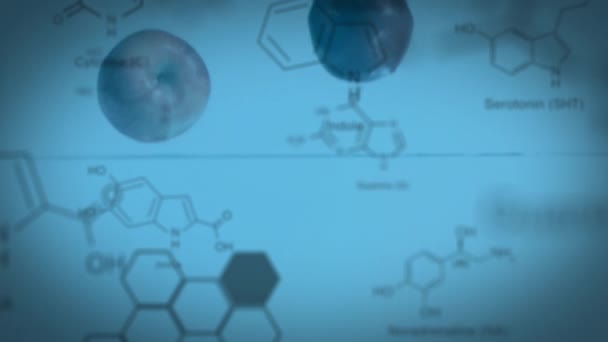 Animazione Molecole Strutture Mele Che Cadono Acqua Sullo Sfondo Blu — Video Stock
