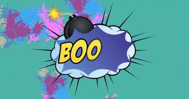 Animación Texto Boom Amarillo Sobre Bomba Explosión Sobre Salpicaduras Pintura — Vídeos de Stock