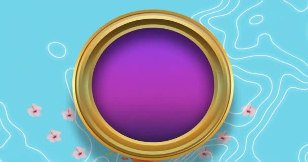 Animace Fialového Kruhu Zlatém Rámečku Vzorovaném Modrém Pozadí Tvar Barva — Stock video