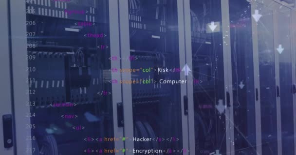 Animation Connected Arrows Computer Language Data Server Racks Server Room — Stock Video