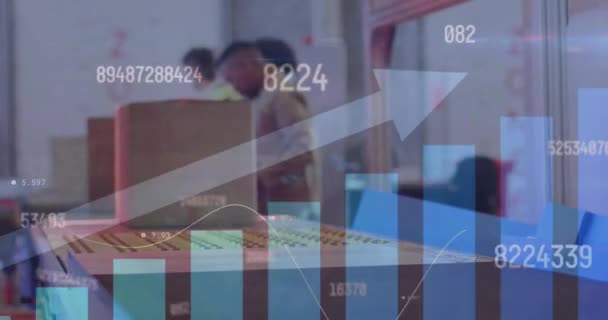 Animation Von Statistischen Diagrammen Über Verschiedene Arbeiter Lager Globales Finanz — Stockvideo