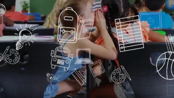 学校のアイコンを教室の多様な子供たちに映し出しています グローバルスクール コネクション コンピューティング データ処理コンセプトデジタル生成ビデオ — ストック動画