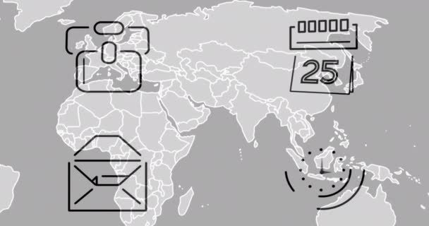 배경에 세계지도에 비즈니스 아이콘의 애니메이션 글로벌 비즈니스 커뮤니케이션 데이터 디지털 — 비디오