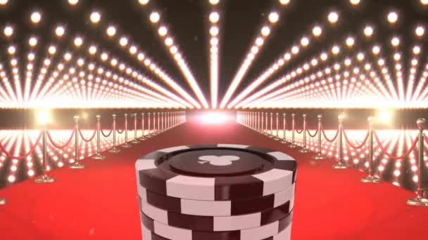 Kırmızı Halı Yolunda Yanıp Sönen Işıklarla Poker Fişleri Yığını Animasyonu — Stok video
