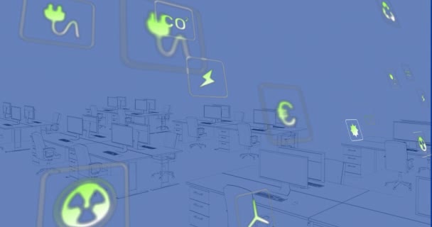 Ofisteki Dijital Çalışma Alanının Boyutlu Modelinin Üzerinde Sürdürülebilir Enerji Simgelerinin — Stok video