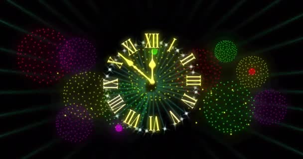 Анимация Часов Показывающих Полночь Взрыв Фейерверка Черном Фоне Новый Год — стоковое видео