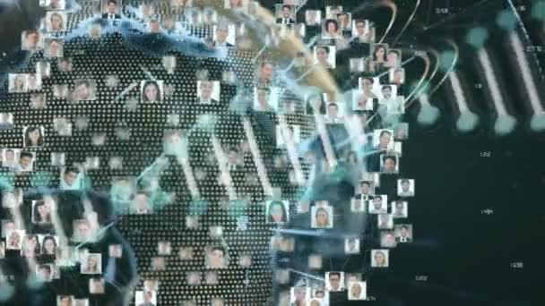 黒い背景にビジネスマンの写真で地球上のDnaストランドのアニメーション グローバルファイナンス ビジネス コネクション コンピューティング データ処理コンセプトデジタル生成ビデオ — ストック動画