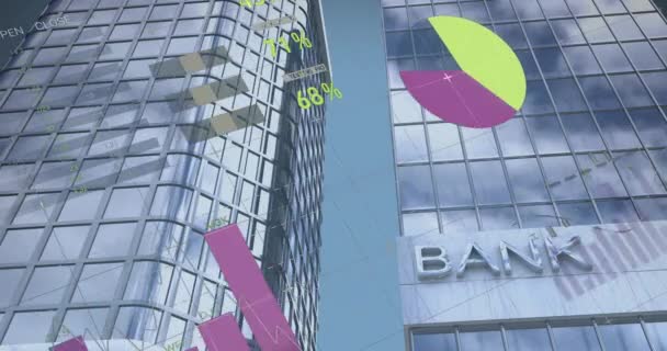 Animación Del Procesamiento Datos Financieros Sobre Edificios Bancarios Finanzas Globales — Vídeos de Stock