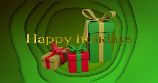 Animation Von Glücklichen Feiertagen Text Mit Geschenkboxen Auf Grünem Abstrakten — Stockvideo