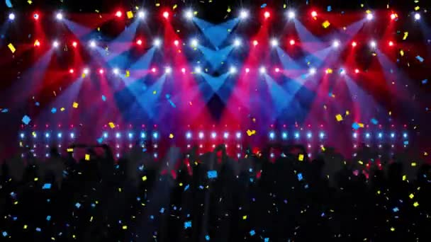 Анимация диско-огней и людей, танцующих над конфетти падения. Концепция вечеринок и торжеств, цифровое видео.