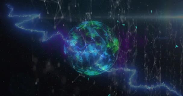 光のアニメーション コネクテッドドット そして抽象的な背景の上に回転する地球 デジタル生成 ホログラム イラストレーション コミュニケーション サンダー コネクション グローバリゼーションコンセプト — ストック動画