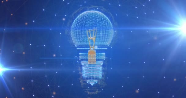 Анимация Светлых Пятен Сети Соединений Поверх Значка Вращающейся Лампочки Синем — стоковое видео