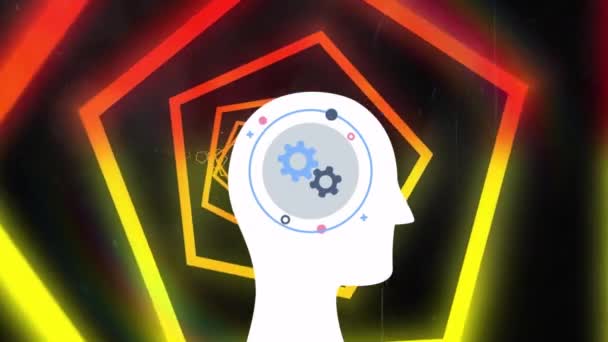 六角形のトンネルの上に人間の頭部の機械ギヤの周りを移動する円のアニメーション デジタル生成 ホログラム イラスト メカニズム 抽象的 未来的 技術的コンセプト — ストック動画