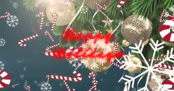 用糖果手杖和雪花砸在圣诞树上的快乐假期文字的动画 圣诞节节庆 寒假和庆祝概念 — 图库视频影像