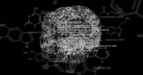 Анімація Діаграм Молекулярної Структури Символів Над Обертовим Мозком Чорному Тлі — стокове відео