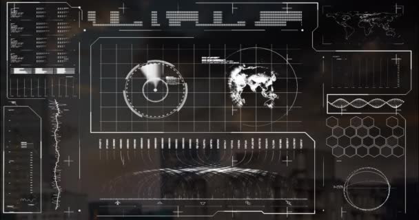 Анімація Карти Глобуса Завантаження Барів Звукова Хвиля Над Сучасними Будівлями — стокове відео