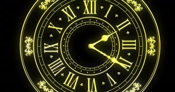 午夜的钟表动画和烟火在黑色背景下爆炸 新年前夕 庆祝及传统概念数码影片 — 图库视频影像