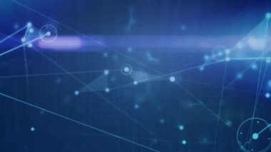 Soyut arkaplan üzerindeki çizgilerle bağlantılı aydınlatılmış noktaların canlandırılması. Dijital olarak üretilmiş, hologram, illüstrasyon, ağ bağlantısı, küresel iletişim ve teknoloji kavramı.