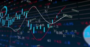 Karanlık arka planda finansal veri işleme animasyonu. Küresel iş, ağlar, bağlantılar, hesaplama ve veri işleme kavramı dijital olarak oluşturulmuş video.