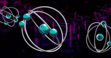 Atomun 3D modelinin animasyonu ve siyah arkaplan üzerinde dinamik çizgi deseni. Dijital olarak üretilmiş, hologram, illüstrasyon, üç boyutlu, bilim, kimya ve teknoloji kavramı.