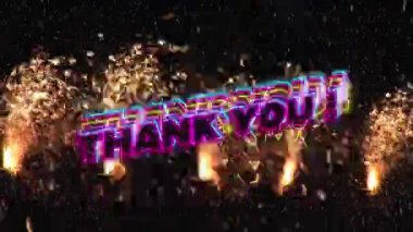 Neon üzerine düşen beyaz parçacıkların animasyonu ışık kıvılcımlarına karşı teşekkür mesajı pankartı. Video oyunu ve eğlence teknolojisi kavramı