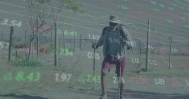 Afro-Amerikan bir adamın doğada yürümesi üzerine finansal veri işleme animasyonu. Küresel iş, ağlar, bağlantılar, hesaplama ve veri işleme kavramı dijital olarak oluşturulmuş video.