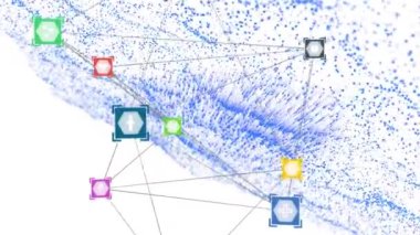 Beyaz arkaplana karşı dinamik dalga deseni üzerine bağlı simgelerin animasyonu. Dijital olarak oluşturulmuş, hologram, illüstrasyon, iletişim, veri, bağlantı, gelecek ve teknoloji kavramı.