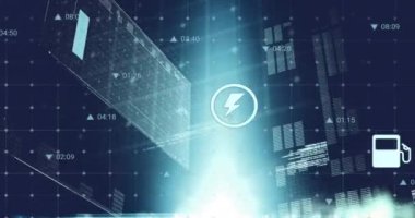 Siyah arkaplanda simgelerle veri işleme animasyonu. Finansal, bilgisayar ve dijital arayüz kavramı dijital olarak oluşturulmuş video.