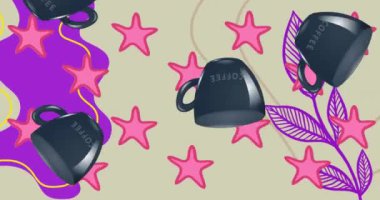 Yeşil zemin üzerinde düşen bardakların ve yıldızların animasyonu. Soyut arkaplan ve şablon kavramı, dijital olarak oluşturulmuş video.