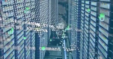 Bilgisayar sunucuları üzerinden veri işleme animasyonu. Küresel iş, bağlantılar, hesaplama ve veri işleme kavramı dijital olarak oluşturulmuş video.