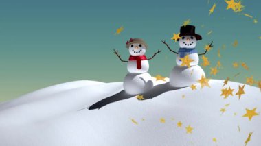 Kış manzarasında kardan adamların üzerine düşen yıldızların animasyonu. Kış, Noel, kutlama, geleneksel konsept dijital olarak oluşturulmuş video.