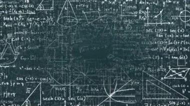 Matematiksel denklem ve diyagramların karatahta üzerinde animasyonu. Dijital olarak üretilen hologram, illüstrasyon, çözüm, toplamlar, formül, tebeşir çizimleri, soyut ve eğitim kavramı.