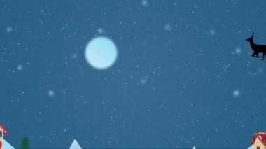 Ren geyikleri tarafından kış manzarasına karşı çekilen kızakla Noel Baba 'nın üzerine düşen kar animasyonu. Noel şenliği ve kutlama konsepti