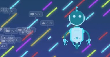 Robot animasyonu, soyut arkaplana karşı çok renkli satırlar üzerinde çoklu uyarı çubukları. Dijital olarak üretilmiş, hologram, sosyal medya anımsatıcı, makine öğrenme ve teknoloji kavramı.