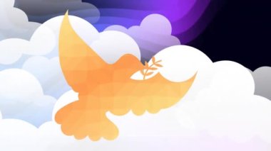 Yoğun bulutların üzerinde uçan kuşun gagasındaki yaprakların animasyonu, siyah arkaplana karşı mor dalgalar. Dijital olarak üretilen hologram, illüstrasyon, hayvan, kuş, vektör ve soyut kavram. A