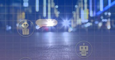 Şehirdeki yapay zeka sohbetinin animasyonu. Küresel iş ve teknoloji kavramı, dijital olarak üretilen video.