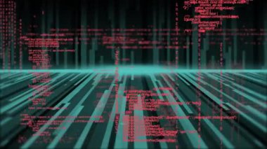 Yeşil ışık yollarının üzerinde veri işleme animasyonu. Küresel finans, iş, bağlantılar, hesaplama ve veri işleme kavramı dijital olarak oluşturulmuş video.