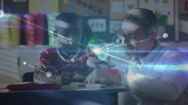 Çeşitli erkek profesörlerin okuldaki çocuklara ders vermeleri üzerine bağlantılı noktaların animasyonu. Dijital bileşik, çoklu pozlama, yardım, yardım, iletişim ve çocukluk konsepti.