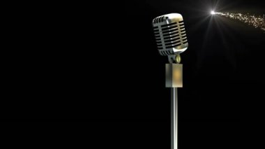 Siyah arka planda kayan yıldızlı retro mikrofon animasyonu. Müzik, sirke, Noel, şenlik, kutlama ve gelenek konsepti dijital olarak oluşturuldu.