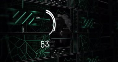 Siyah arkaplanda veri işleme ve küre animasyonu. Küresel teknoloji, veri işleme, hesaplama ve dijital arayüz kavramı dijital olarak oluşturulmuş video.