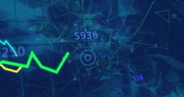 Değişen sayılarla grafiklerin animasyonu, birbirine bağlı noktalar, soyut arkaplanda geometrik şekiller. Dijital olarak üretilmiş, hologram, illüstrasyon, rapor, iş ve iletişim kavramı.