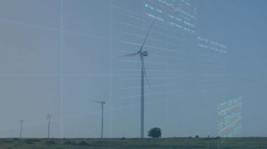 Gökyüzüne karşı yel değirmenlerinin üzerinde değişen sayılarla ticaret tahtaları ve grafiklerinin animasyonu. Dijital bileşik, çoklu pozlama, rapor, iş, büyüme, borsa ve sürdürülebilir enerji kavramı.