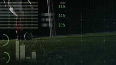 Beyaz erkek futbolcu üzerinden finansal veri işleme animasyonu. Finansal, spor ve dijital arayüz kavramı dijital olarak oluşturulmuş video.