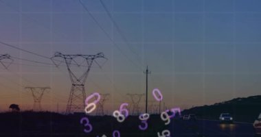 Sahadaki elektrik direkleri üzerinde finansal veri işleme animasyonu. Dijital olarak oluşturulan küresel finansman, enerji ve çevre konsepti.