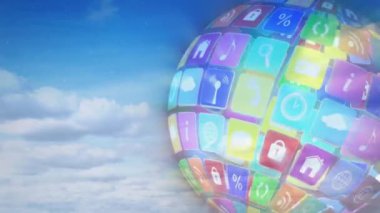 Bulut arkaplanı üzerinde dijital simgelerle oluşan dünyanın animasyonu. Küresel iş, bağlantılar, bulut hesaplama ve veri işleme kavramı dijital olarak oluşturulmuş video.