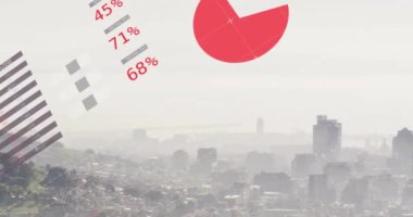 Gökyüzüne karşı modern şehir manzarasını kaplayan sislerin hava görüntüsü üzerindeki bilgi arayüzünün animasyonu. Dijital bileşik, çoklu pozlama, rapor, iş, büyüme, ilerleme, küresel ve mimari.