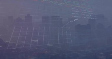 Şehir dışında veri işleme ve borsa animasyonları. Küresel iş ve dijital arayüz kavramı, dijital olarak oluşturulmuş video.