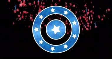 Yıldızlı dairelerin ve renkli ışığın animasyonu siyah arkaplandaki yıldızları takip eder. Vatanseverlik ve kutlama konsepti dijital olarak oluşturulmuş video.