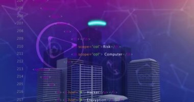 Dijital simge ağı üzerinden neon güç düğmesi animasyonu, 3d şehir modeli üzerinden veri işleme. Küresel ağ ve iş teknolojisi kavramı